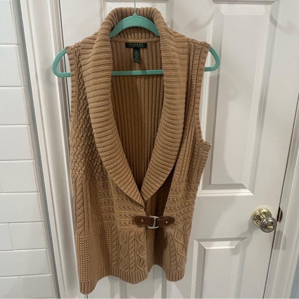 Lauren Ralph Lauren Tan Surplice Cable Knit Sweater Vest Buckle XXL - Picture 3 of 13